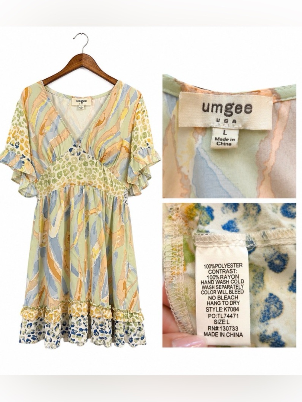 Umgee USA Large Boho Mixed Print Babydoll Dress Watercolor Animal Print Ruffle - Picture 2 of 3